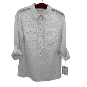 NWT Dana Buchman Women's Medium Blouse Geometric Print Button Up White Shirt